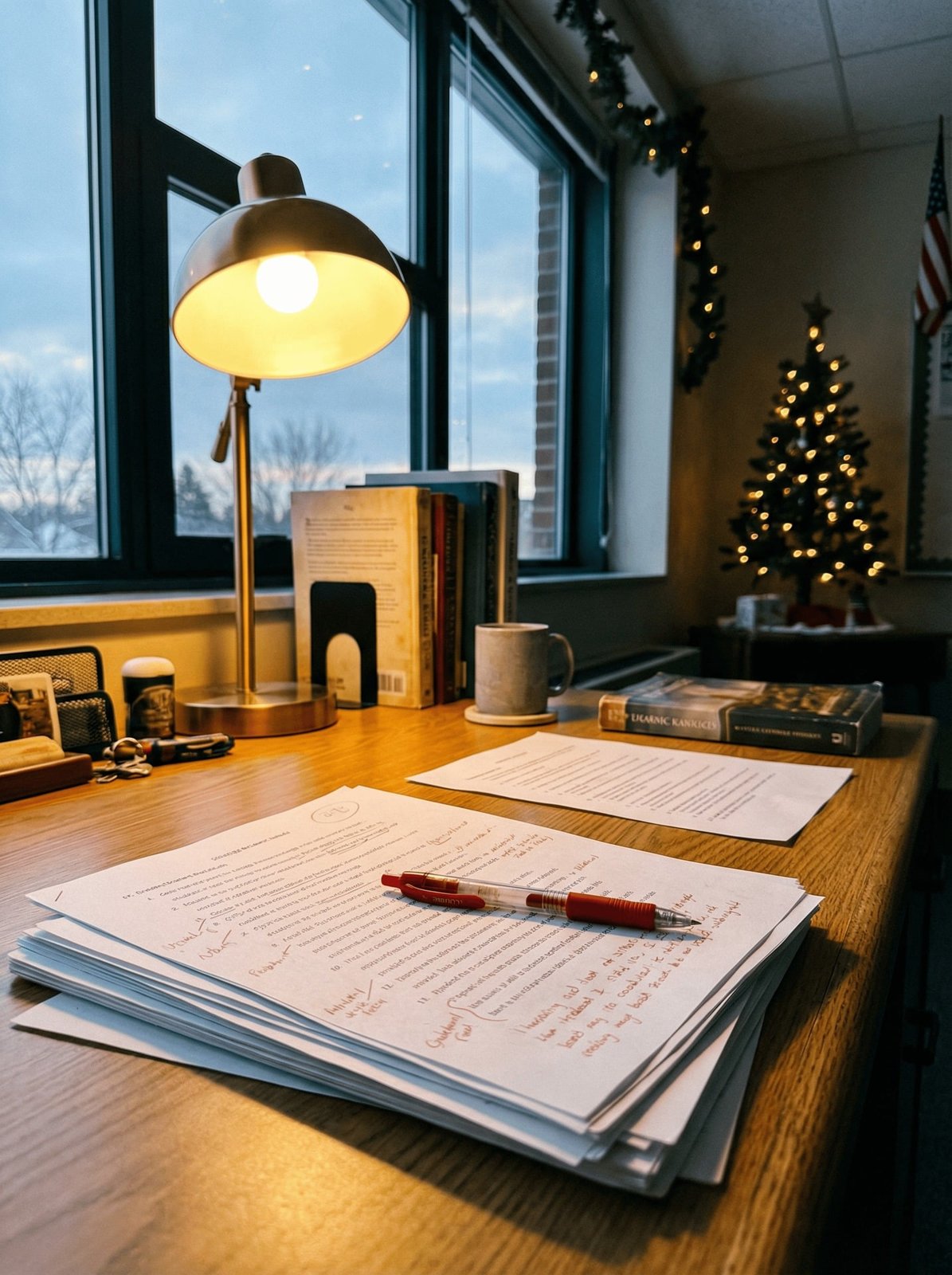 A teacher's desk after hours: a thick stack of hand-marked papers under a lit desk lamp, a red pen resting on top, dusk in the window behind.